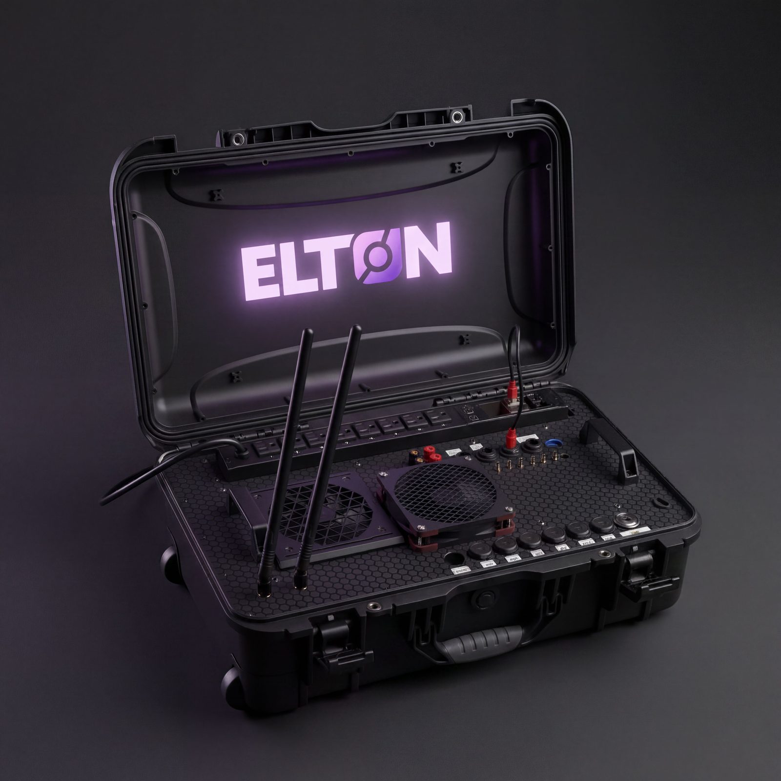 ELTON TestLink™ appliance: a ruggedized case with 5G antennas, cooling, and a physical port panel for cabling to the device under test